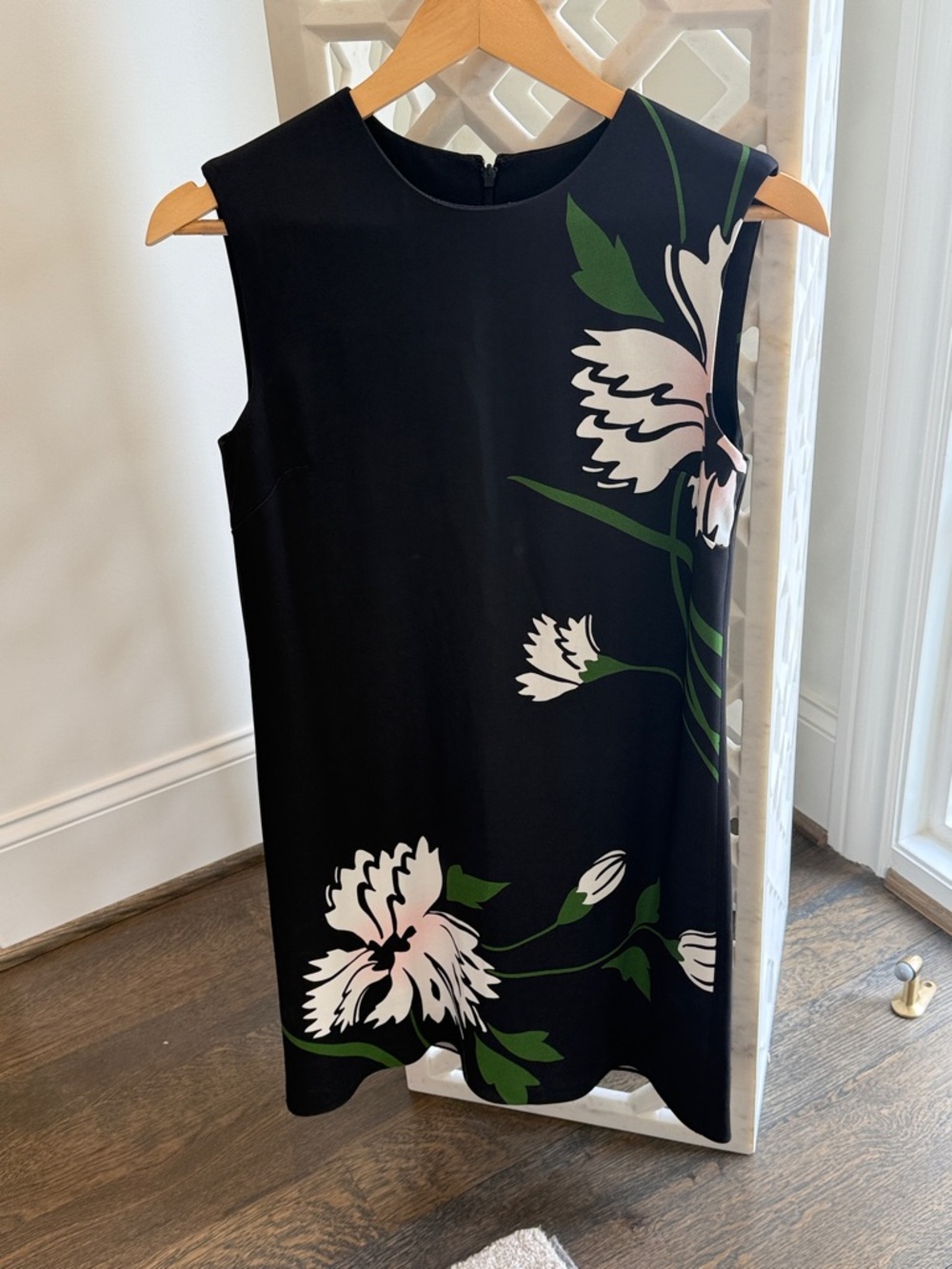 Veronica Beard Cromwell Black Shift Dress with Pink and Green Floral Print